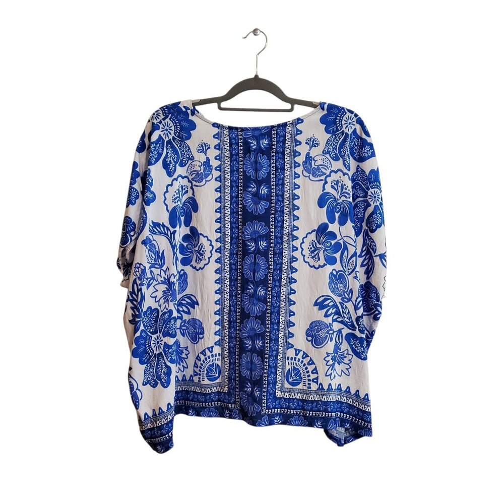 Umgee Floral Border‎ Pattern Round Neck Short Sleeves Oversized Blouse Blue  L